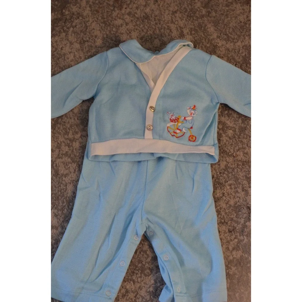Tiny Tots Original Vintage Infant Clothing Size 3-6 Blue Overalls & Sweater 2pc
